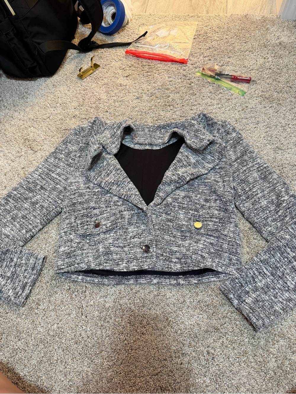 Gray Tweed Cropped Blazer Jacket - Classic Style